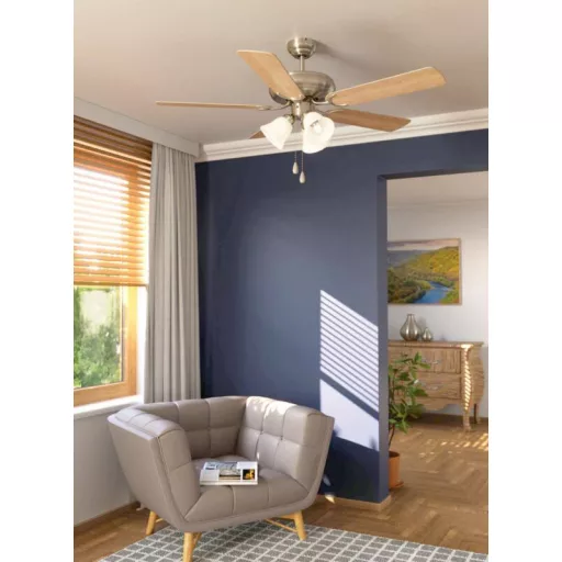 EGLO LAS PALMAS ventilátor lámpával acél matt fehér / üveg opál, 1320mm lapátátmérővel - húzózsinórral