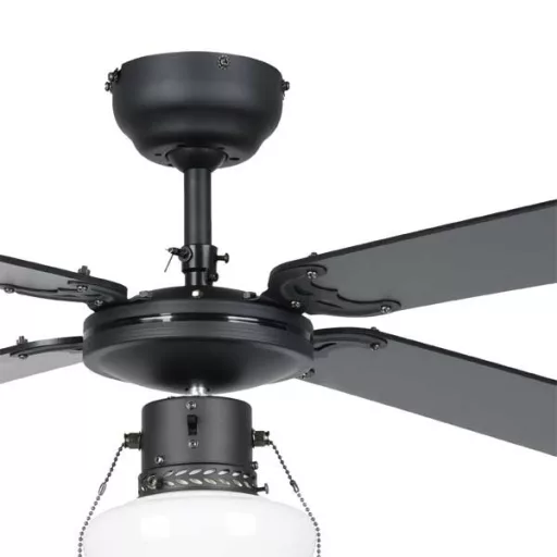 EGLO FORTALEZA mennyezeti ventilátoros lámpa acél matt fekete / lakozott üveg fehér, 1066mm lapátátmérővel - húzózsinórral