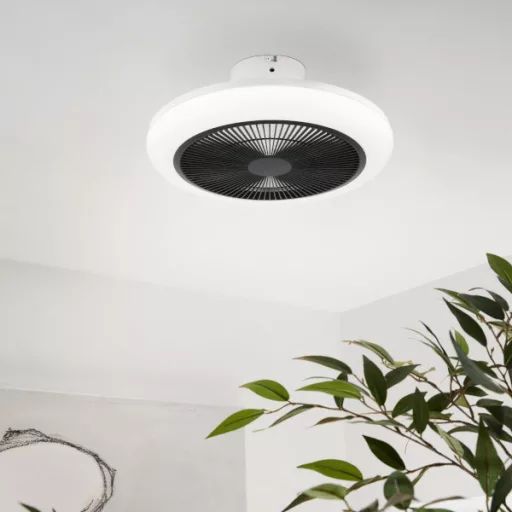 EGLO Kostrena lámpa ventilátorral műanyag (ABS) fehér, fekete / kristály hatású műanyag fehér, 455mm lapátátmérővel - távirányítóval