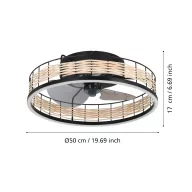   EGLO Frana lámpa ventilátorral műanyag (ABS) matt fekete / rattan natúr, 500mm lapátátmérővel - távirányítóval