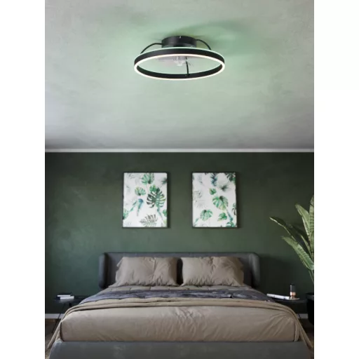 EGLO Marinella lámpa ventilátorral acél fekete / akril tejfehér, 500mm lapátátmérővel - távirányítóval