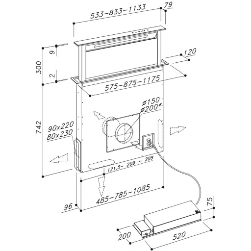 SIRIUS - Páraelszívó S-DD2/L EM 90 cm LED inox motor nélkül - 2. kép