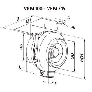 VENTS VKM 100-315 fémházas csőventilátor mérete