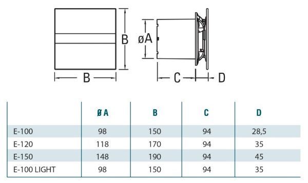 CATA E-GLAS fürdőszoba ventilátor üveg előlappal diagram