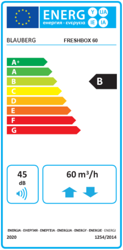 Blauberg Freshbox 60 egyhelyiséges hővisszanyerős készülék energiacímke