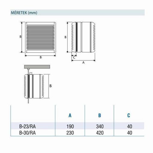 CATA változtatható forgásirányú ventilátor méretek